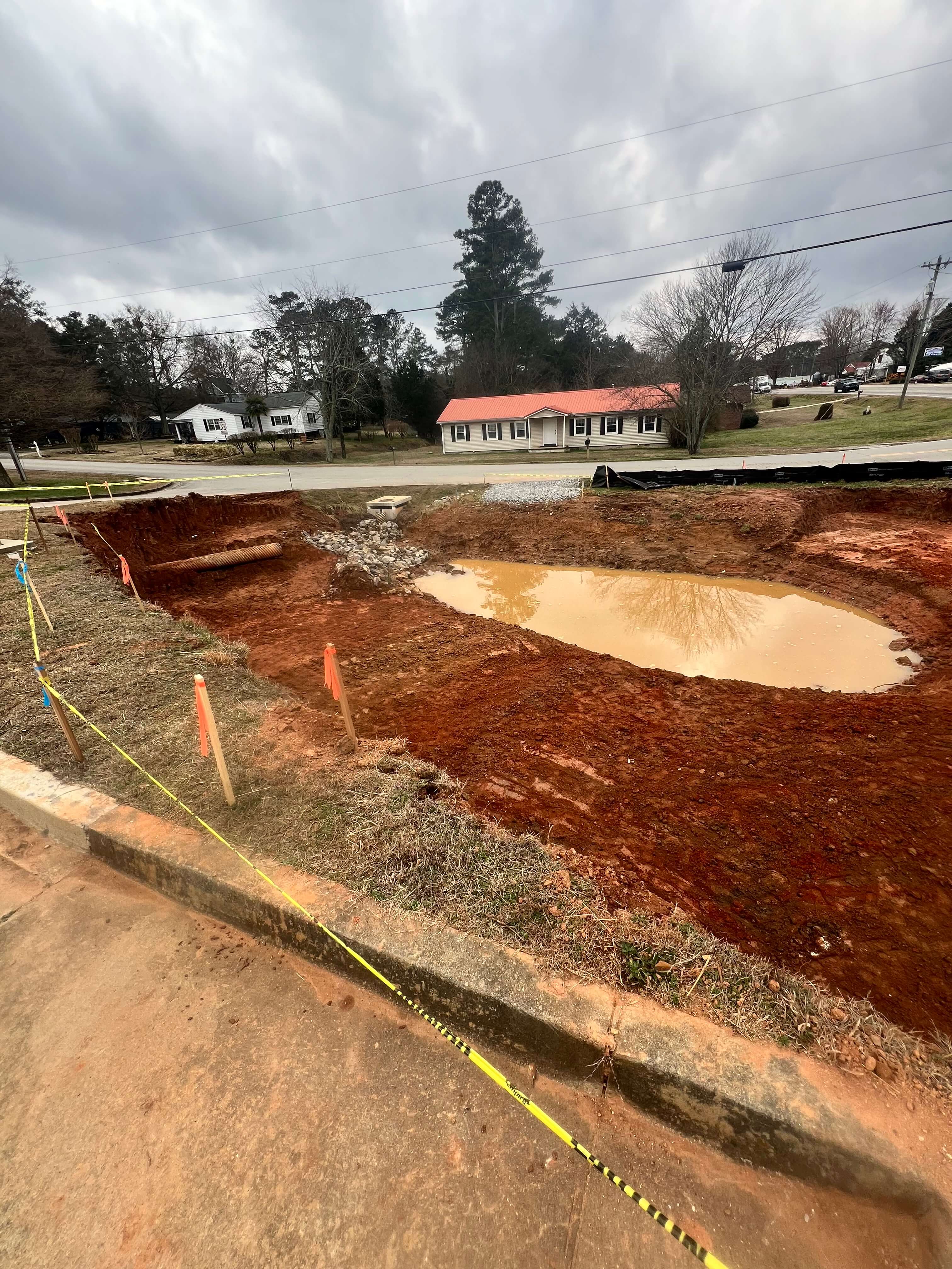 Retaining wall preparation for storm pond construction in Buford, Gwinnett County, Northeast Georgia